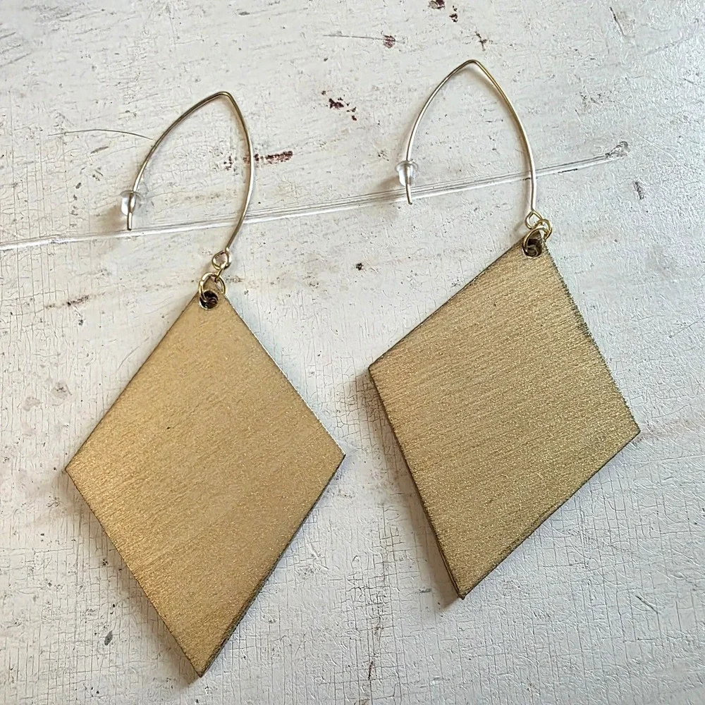 Handmade Abstract Wood Statement Earrings OOAK Galaxy Black Gold Metallic Dangle